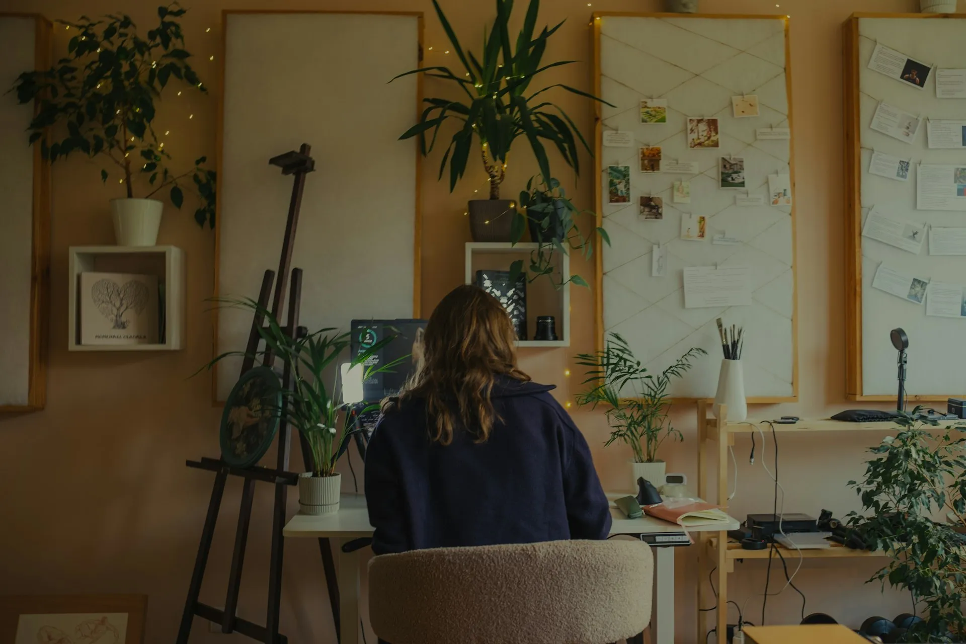 Frau arbeitet an einem Schreibtisch in einem Studio voller Pflanzen